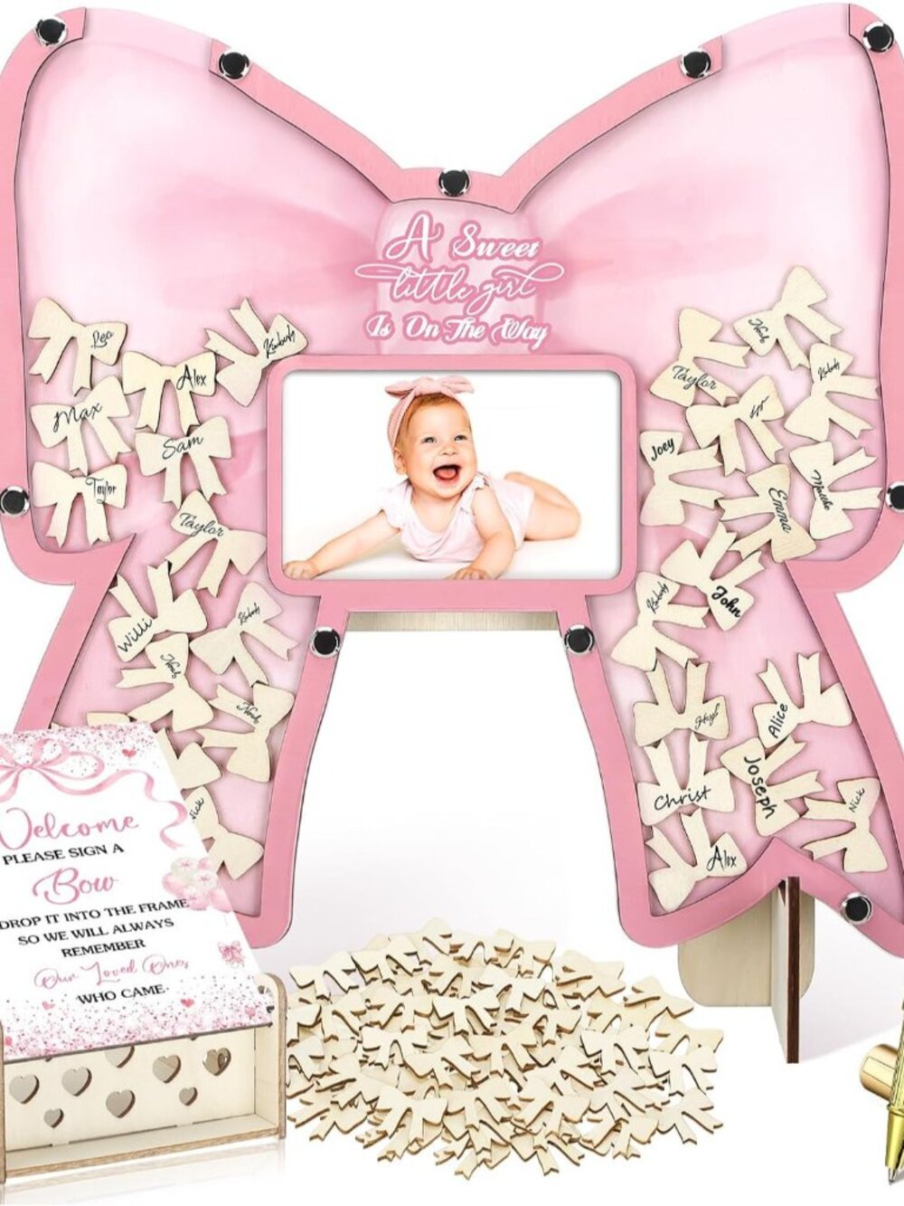 63 Pcs Coquette Pink Bow Baby Shower Guest Book,Pink